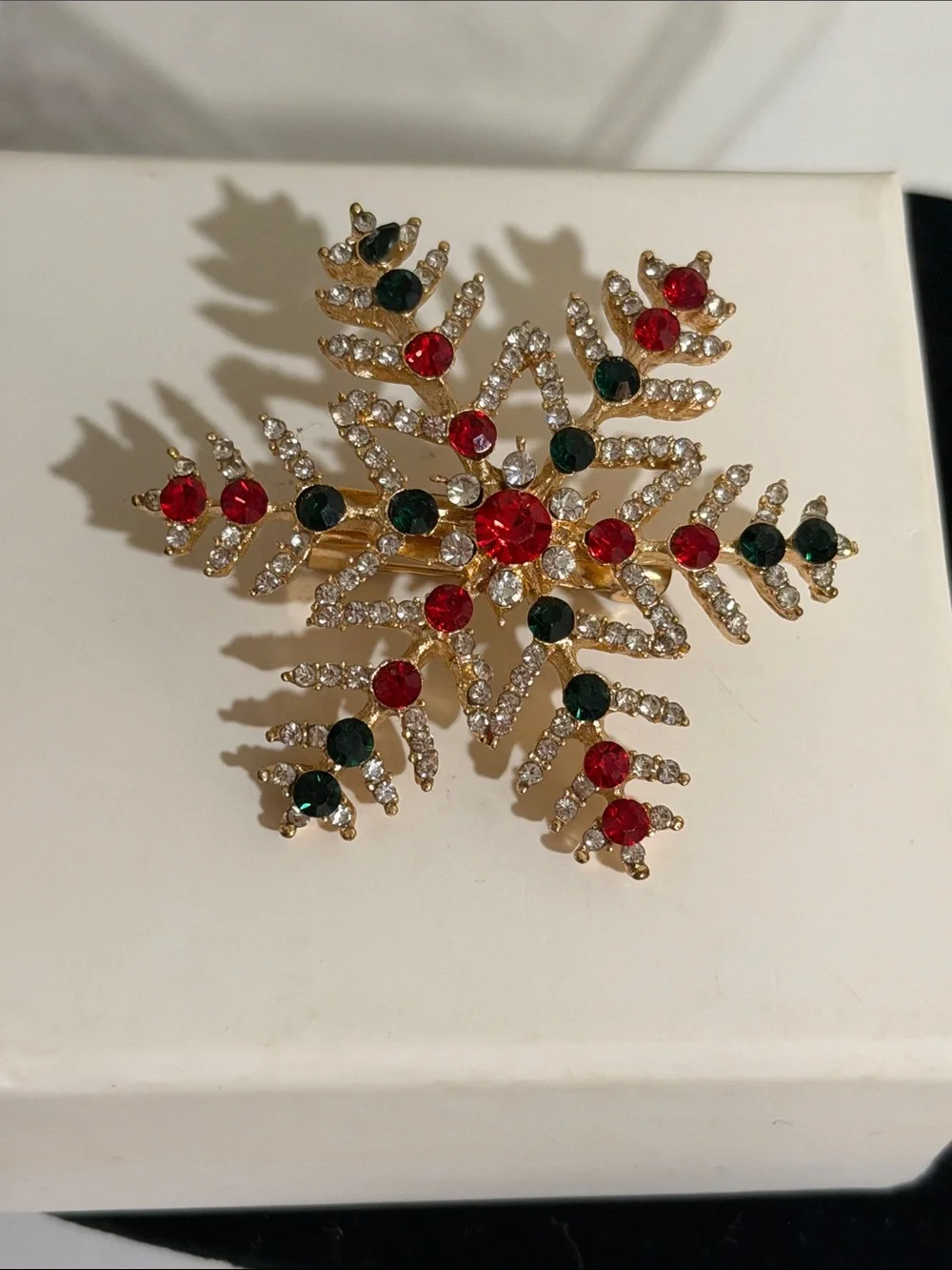 Gold Snowflake Brooch with Red and Green Crystals